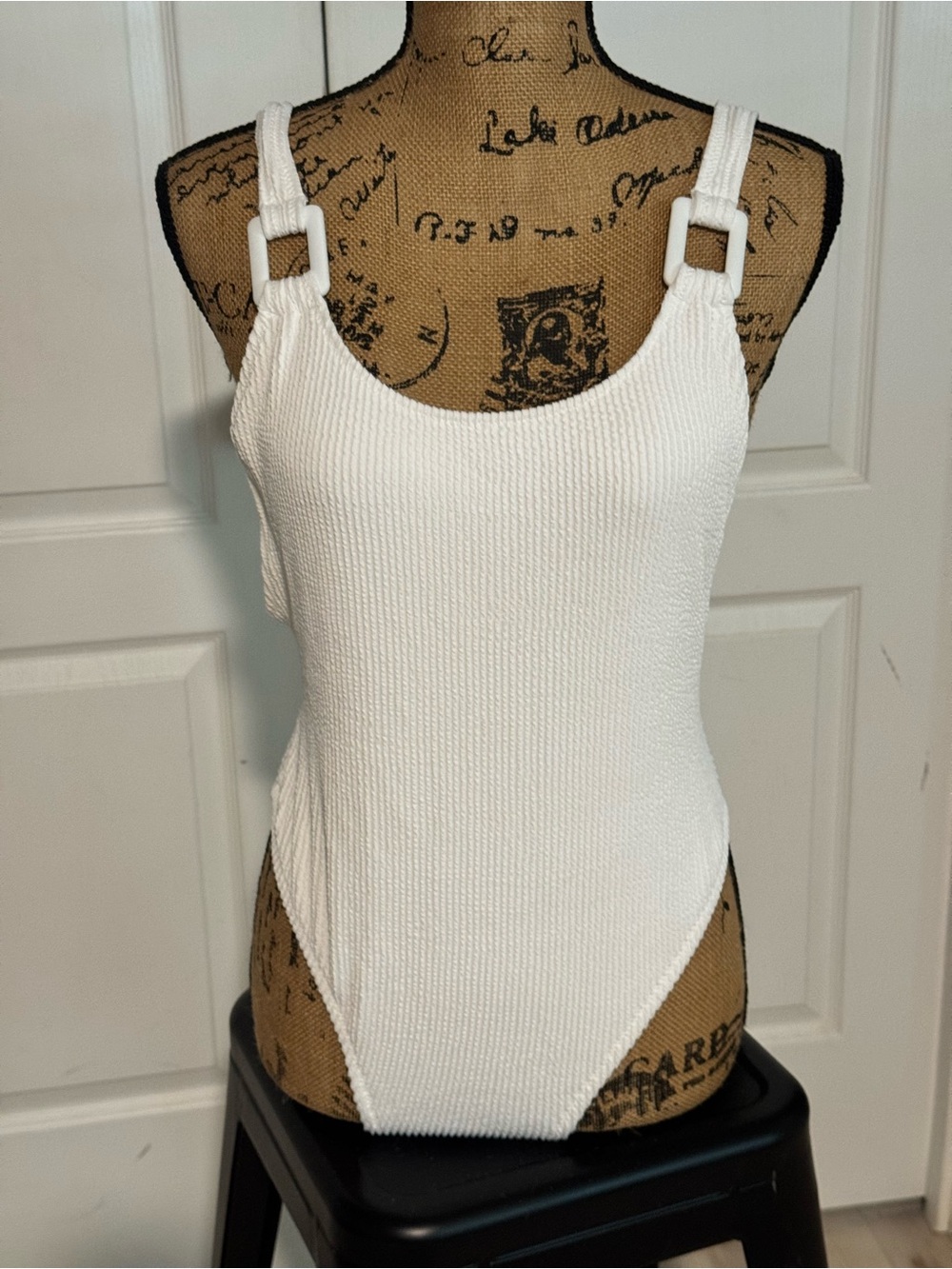 Gorgeous, Aerie, White Textured One-Piece Swimsuit with Buckle Straps.